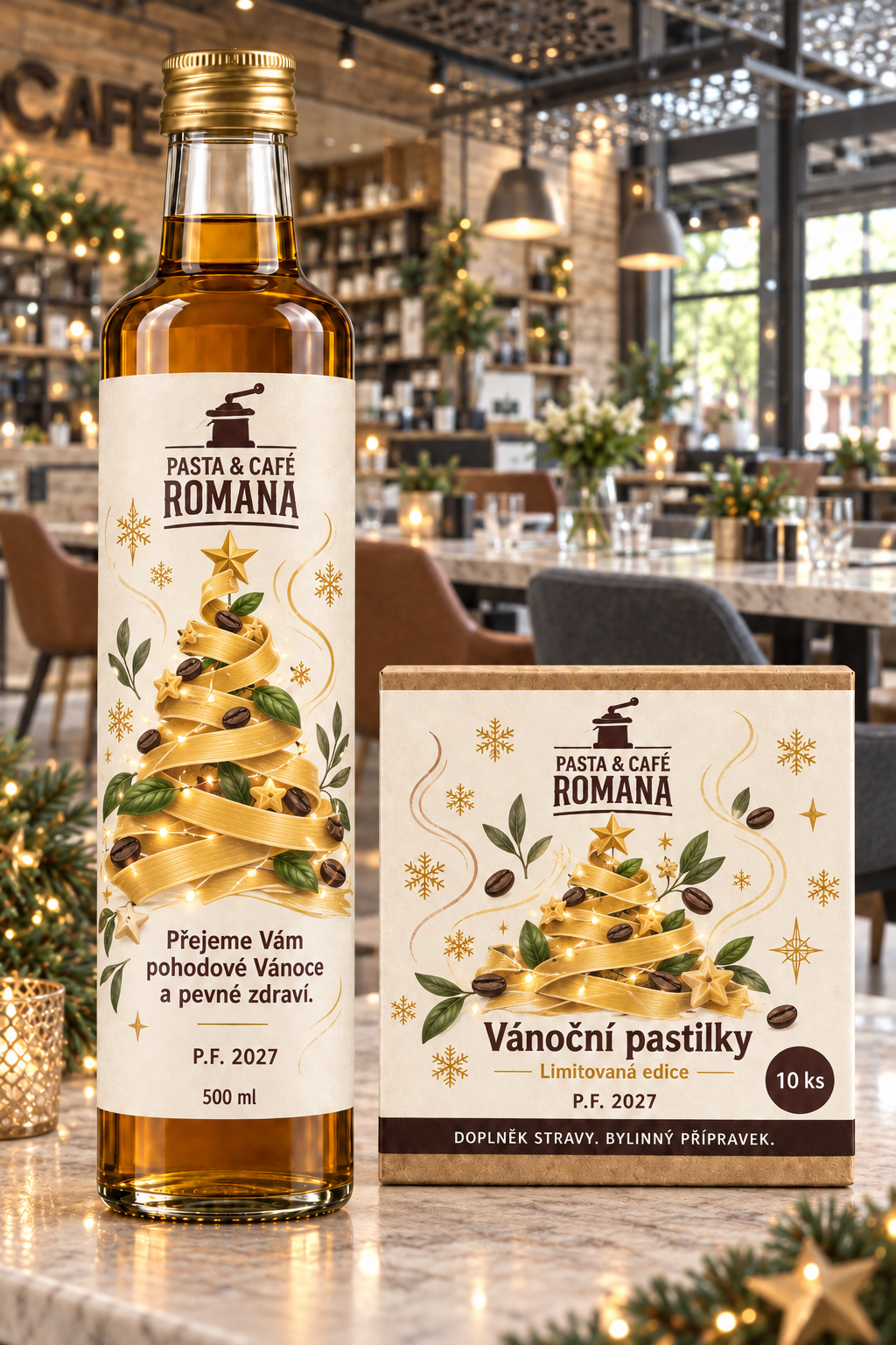 Sirup a vánoční pastilky s vlastním potiskem Pasta & Café Romana